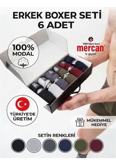 Mercan Erkek Modal Boxer Kutuda 6'lı Set Siyah,gri,haki,füme,bordo,lacivert