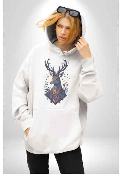 Geyik Kafası Yapraklar Kadın Erkek Beyaz Kapüşonlu Sweatshirt Hoodie Beyaz