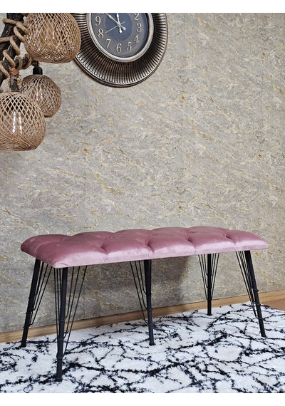Zafir Metal Siyah Tel Ayaklı 100 Cm Puf Bench - Puf - Bench - Oturak - Mutfak Oturağı - Antre Oturağı Pembe