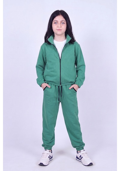 Panios Kids Kız Çocuk Dik Yaka Fermuarlı Beli Bağcıklı Lastik Paça Eşofman Takımı Yeşil