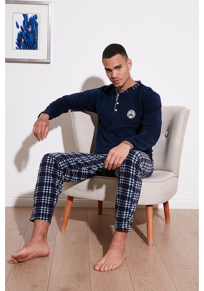 Buratti Ekoseli Regular Fit Düğmeli Bisiklet Yaka Kışlık Polar Erkek Pijama Takımı 60961002 Lacivert