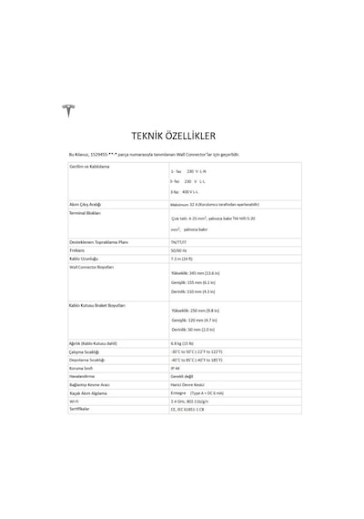 Tesla Wall Connector Gen 3 Tip 2 22KW/32A 7.3 M Kablolu Elektrikli Araç Şarj İstasyonu