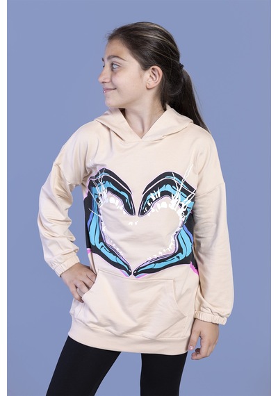 Toontoy Kız Çocuk Kapüşonlu Kanguru Cepli Baskılı Sweatshirt Pudra