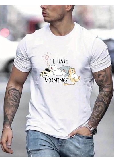 Erkek Baskılı T-shirt Kısa Kol Bisiklet Yaka Regular Fit Rahat Kalıp Günlük Tişört - Beyaz