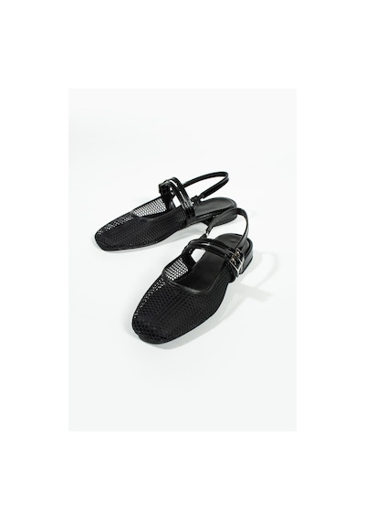 Duxal Shoes Care Kadın Küt Burun Çift Kemer Detay Kısa Topuklu- Babet Siyah Filee