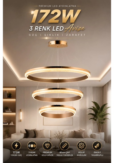 Modern Premium Led Sarkıt Avize Gold Kasa Halka Tasarım Salon Yemek Odası Avizesi 172w 3 Renk Beyaz