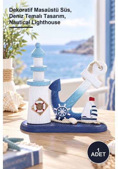 1 Adet Ahşap Marin Çapalı Deniz Feneri Dekoratif Masaüstü Süs, Deniz Temalı Tasarım, Nautical Lighthouse