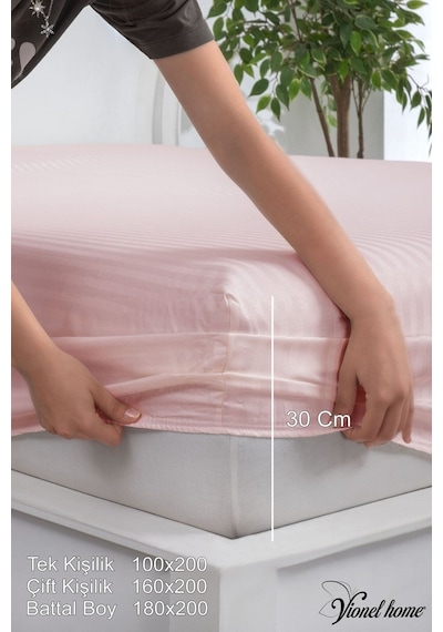 %100 Pamuk Çizgili Saten Tek / Çift Kişilik Lastikli Çarşaf Seti 100x200 120x200 160x200 180x200 Pembe