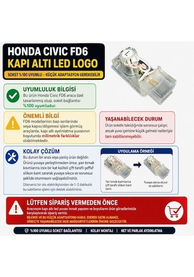 Honda Civic Fd6 2010 2011 Uyumlu Araca Özel Kapı Altı Led 3 Boyutlu Logo Lazer Işık Geçmeli Mod 2