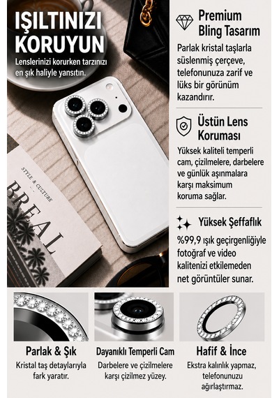 İphone 17 Pro / 17 Pro Max Uyumlu Taşlı Kamera Lens Koruyucu Gümüş