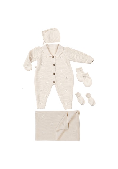 Tinylamb Premium Yenidoğan Bebek Triko Set 5 Parça Krem - Premium Bebek Hediye Seti Bej