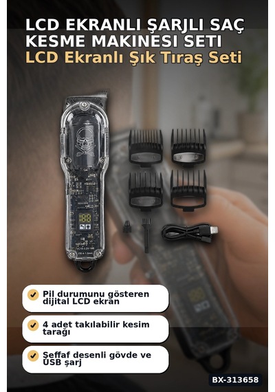 Lcd Ekranlı 1800 Mah Şarjlı Saç Kesme Makinesi Usb Şarjlı 4 Taraklı Tıraş Makinesi Seti Bx-313658