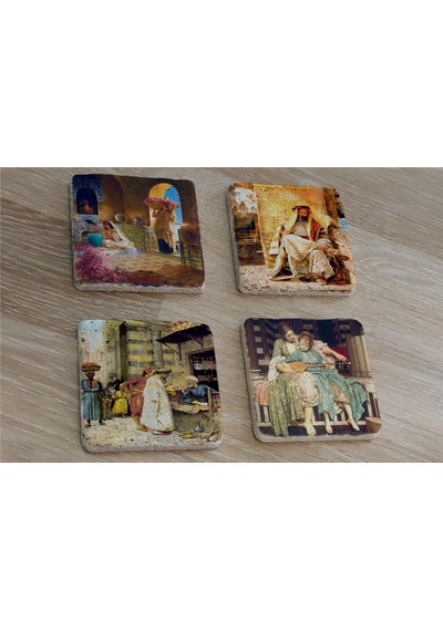 Oryantal Figürler Doğal Taş Bardak Altlığı 4'lü Set - Natural Stone Coasters - Taş Çok Renkli
