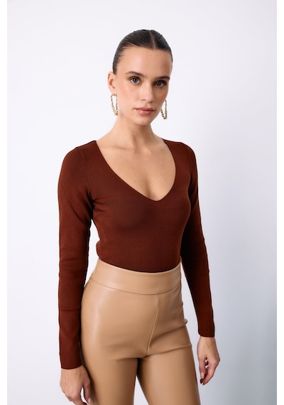 Sateen V Yaka Triko Crop - Kahve-129488
