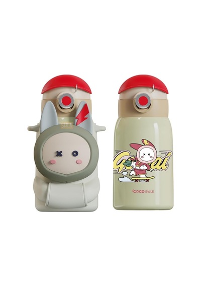 Cocosmile 470ml Sevimli Ses Çıkaran Kılıflı Pipetli Askılı Çelik Termos Çocuk Matarası Çok Renkli