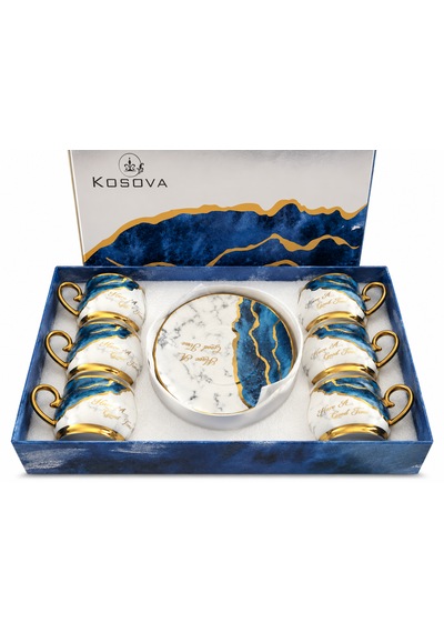 Premium Porselen 6 Kişilik Türk Kahvesi Fincan Takımı Mavi Mermer Desenli Gold Detaylı Şık Hediye Seti Çok Renkli