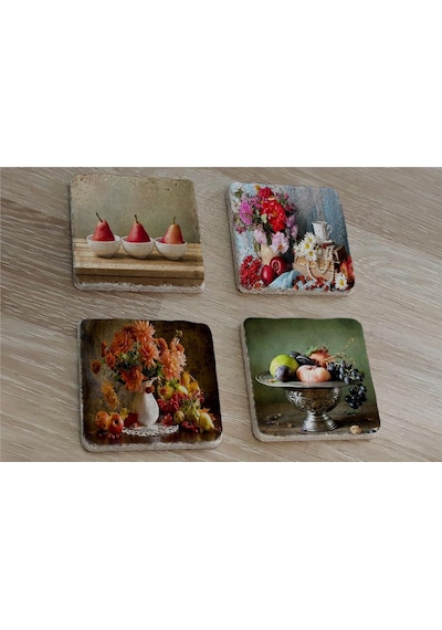 Armut Meyveler Ve Çiçekler Doğal Taş Bardak Altlığı 4'lü Set - Natural Stone Coasters - Taş Çok Renkli