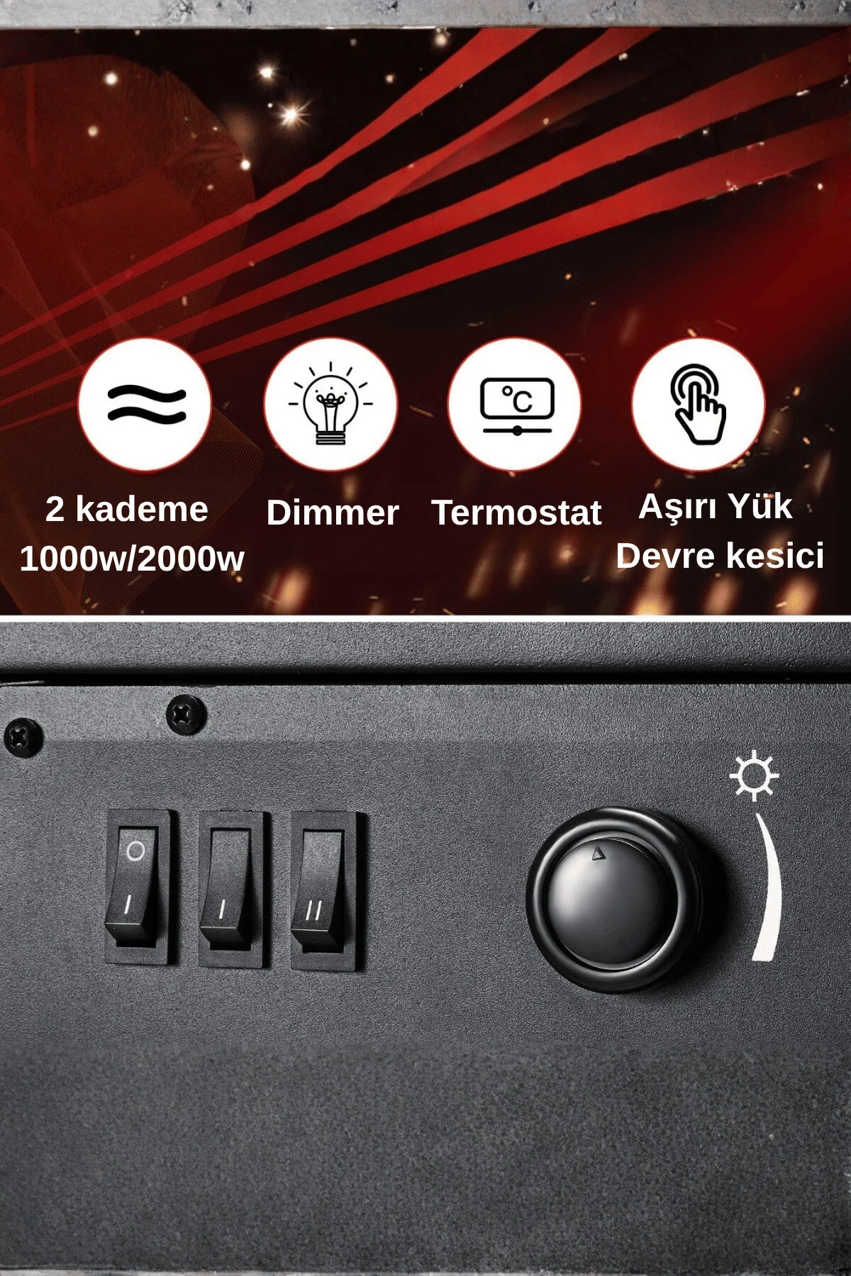 Xlarge Elektrikli Şömine & Elektrikli Soba Fanlı Isıtıcı, Led Odun Efekti, Metal Kasa Nd-183c
