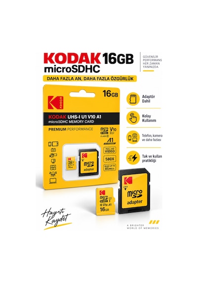 16gb Microsdhc Hafıza Kartı Uhs-ı U1 V10 A1 Class 10 85 Mb/s Full Hd Destekli Sd Adaptörlü