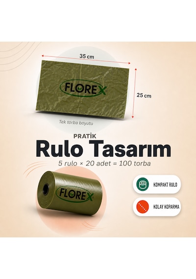 Florex Köpek Kaka Poşeti Pudra Kokulu 5 Rulo 100 Adet - Patili Dostlar Tuvalet Torbası