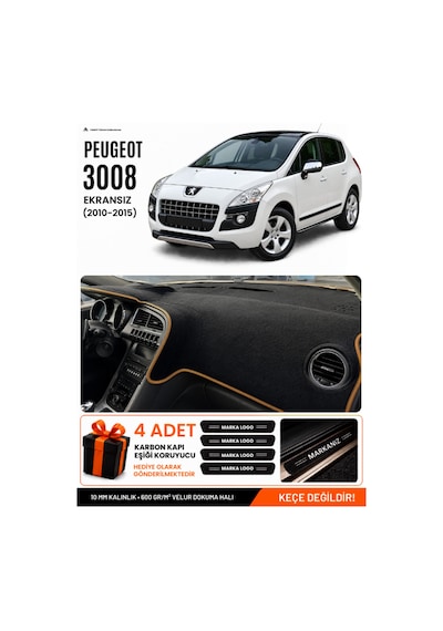 Peugeot 3008 Ekransız 2010-2015 Uyumlu Torpido Örtüsü, Torpido Kılıfı - Siyah Kahverengi