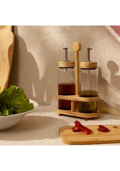 Mima Bambu Stantlı 2'li Küçük Yağdanlık - Şeffaf / Açık Kahverengi - 200 Ml Çok Renkli