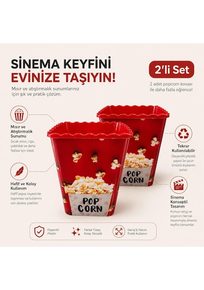 2 Li Popcorn Kovası, Kırmızı Plastik Mısır Kovası Seti, Sinema Gecesi Atıştırmalık Sunum Kabı,