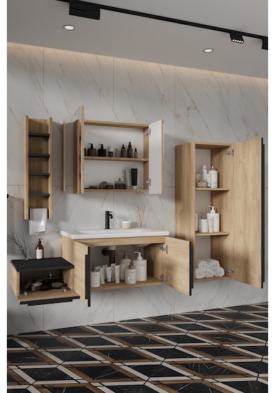 Zakkum 120 Cm %100 Mdf Lavabolu Banyo Dolabı Dolaplı Aynalı Üst Dolap Boy Dolabı Havluluk Lefkas Meşe Zakkum 120 Cm %100 Mdf Lavabolu Banyo Dolabı Dolaplı Aynalı Üst Dolap Boy Dolabı Havluluk Lefkas Meşe