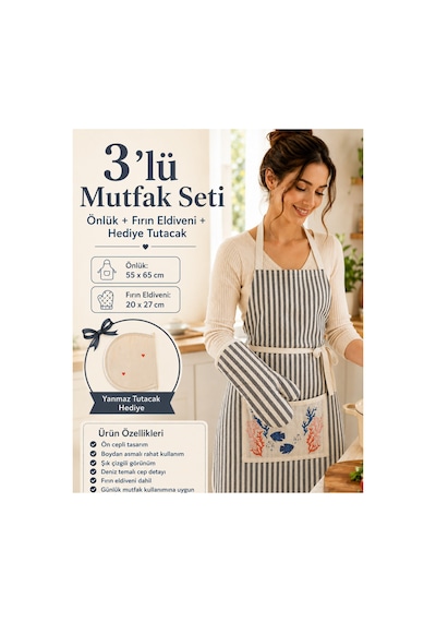 3lü Mutfak Seti Önlük + Fırıneldiveni+ Tutamaç Siyah