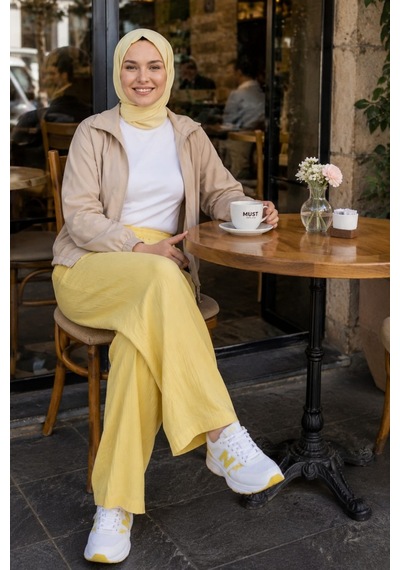 Hb Harma Time Butik Kadın Beli Lastikli Çilek Kumaş Sarı Salaş Pantolon Sarı Sarı