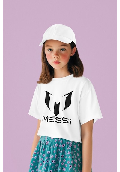 Sevbano Messi Baskılı Unisex Futbolcu Çocuk Tişört 1-12 Yaş Beyaz