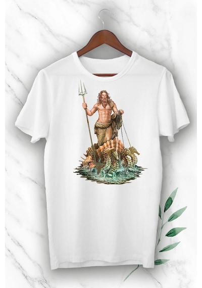 Mitoloji Denizler Tanrısı Poseidon Baskılı Beyaz Unısex Tişört Beyaz