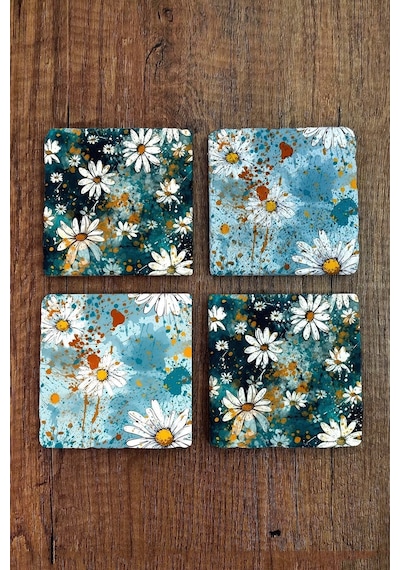 Doğal Taş Bardak Altlığı Papatya Desen Baskılı 10x10cm Stone Coasters 4'lü Set Çok Renkli