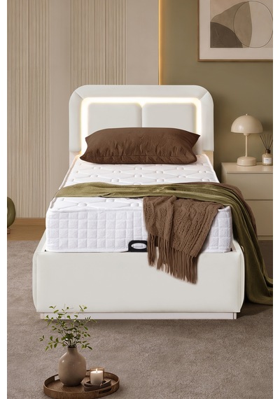 Demonte Baza Seti, Nox Ledli Tek Kişilik Baza Başlık Seti - İkili Set, Krem - 100x200 Cm 100 x 200
