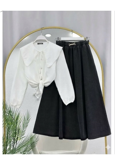 Lovie Moda Kadın Kot Etekli Takım - Gri