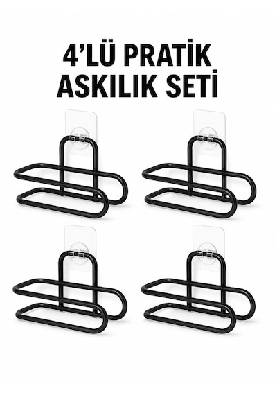 Siyah Metal Wc Kağıtlık Yapışkanlı Duvar Tipi Tuvalet Kağıdı Tutucu Seti 4 Adet