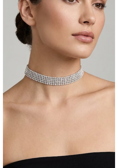 Valmont Accessories Kristal Taşlı 26+10 Cm Choker Işıltılı Şık Kadın 5 Sıra Su Yolu Tasma Kolye Gümüş