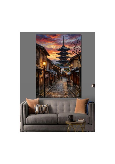 Gece Işığında Tarihi Japon Sokağı Yağlı Boya Dokulu Kanvas Tablo Canvas Tablosu