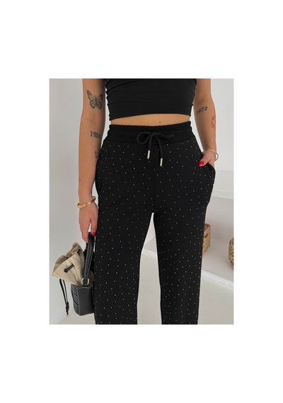 Gugus Kadın Bol Paça Modal Eşofman Altı Taşlı Wide Leg Model Siyah