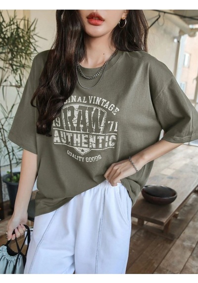Flood Of Style Kadın Haki Yeşil Original Vintage Raw Baskılı Oversize Bisiklet Yaka Tshirt