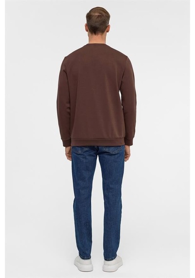 Süvari Koyu Kahve Regular Düz Bisiklet Yaka Sweatshirt Koyu Kahverengi