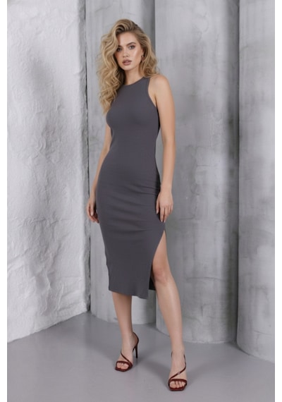 Defymoda Kadın Gri Halter Yaka Yırtmaçlı Pamuklu Fitilli Likralı Kaşkorse Slim Fit Midi Elbise Gri