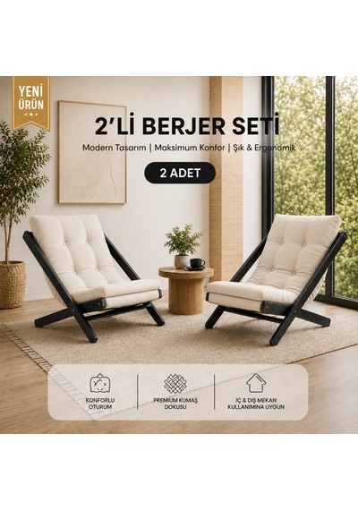 2li Dinlenme Koltuğu Berjer Balkon Koltuğu Bahçe Kotuğu Tv Sandalyesi Krem