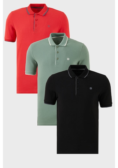 Buratti Pamuklu Slim Fit Şerit Detaylı Düğmeli Polo Yaka 3'Lü Paket Erkek T Shirt 5902118S3 Siyah-Kırmızı-Elma Yeşili-Beyaz