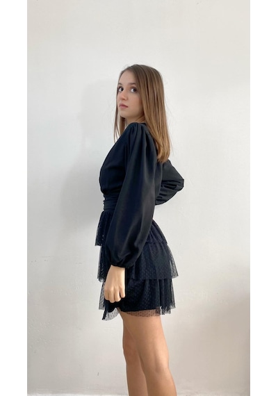 Mois Atelier Fırfırlı Siyah Büzgülü Mini Elbise Büyük Beden Siyah