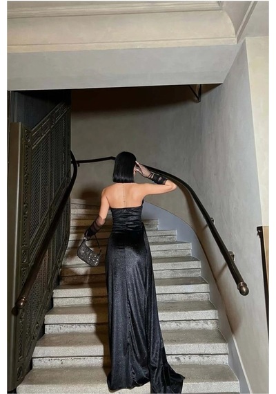 Kadife Straplez Kumaş Abiye Maxi Elbise Yırtmaçlı Siyah