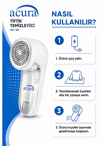 Acura Ac-40 6 Bıçaklı Şarjlı Tüy Ve Tiftik Temizleyici Beyaz