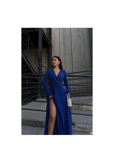 DefyModa Kadın Krep Kumaş Kruvaze Yaka Yırtmaçlı Maxi Abiye Elbise Saks