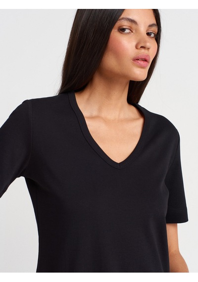 Dilvin 31840 V Yaka Kısa Kollu T-shirt-siyah SIYAH