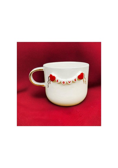 24 Ayar Altın Detaylı, Kalp Kabartmalı, El Yapımı, Kalpli Mug, 300 Ml, Heart Mug, Love Mug Beyaz - Çok Renkli